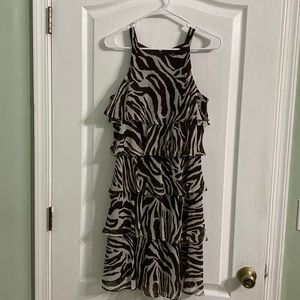 S.L. Fashions zebra print flowy midi tiered panels dress. Size 8 Brown
